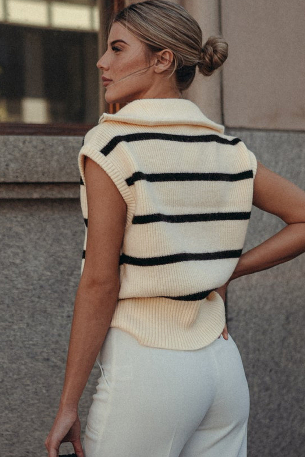 Stripe Zipped Collar Knit Top