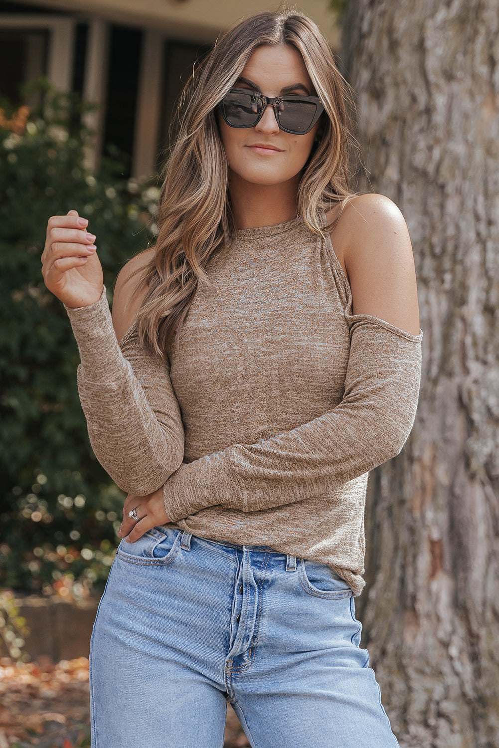 Marble Knit Cold Shoulder Top