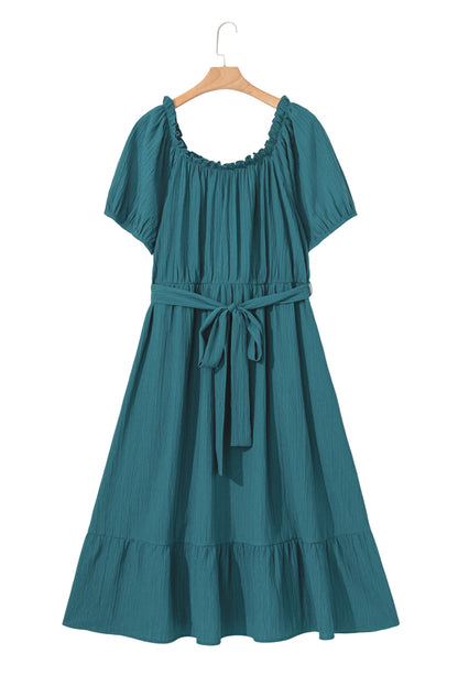 Teal Frilled U Neck Plus Size Midi Dress