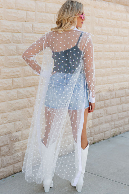 White Polka Dot Print Mesh Kimono