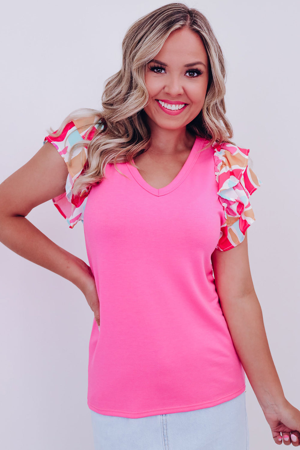 Pink Printed Ruffle Sleeve T-shirt