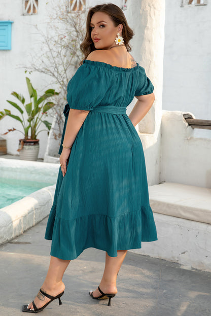 Teal Frilled U Neck Plus Size Midi Dress