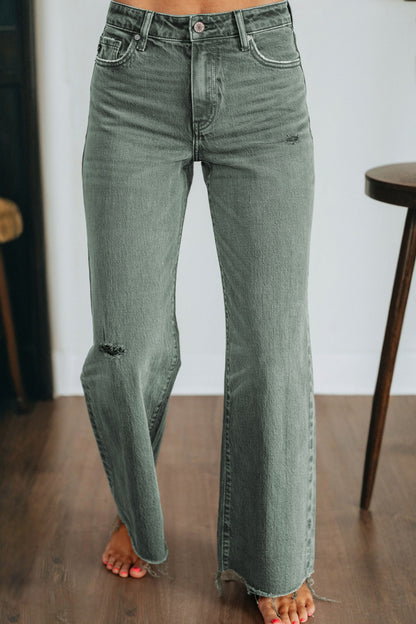 Green Washed Raw Edge Wide Leg Jeans