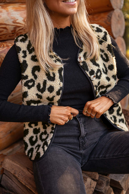 Black Leopard Print Sherpa Vest