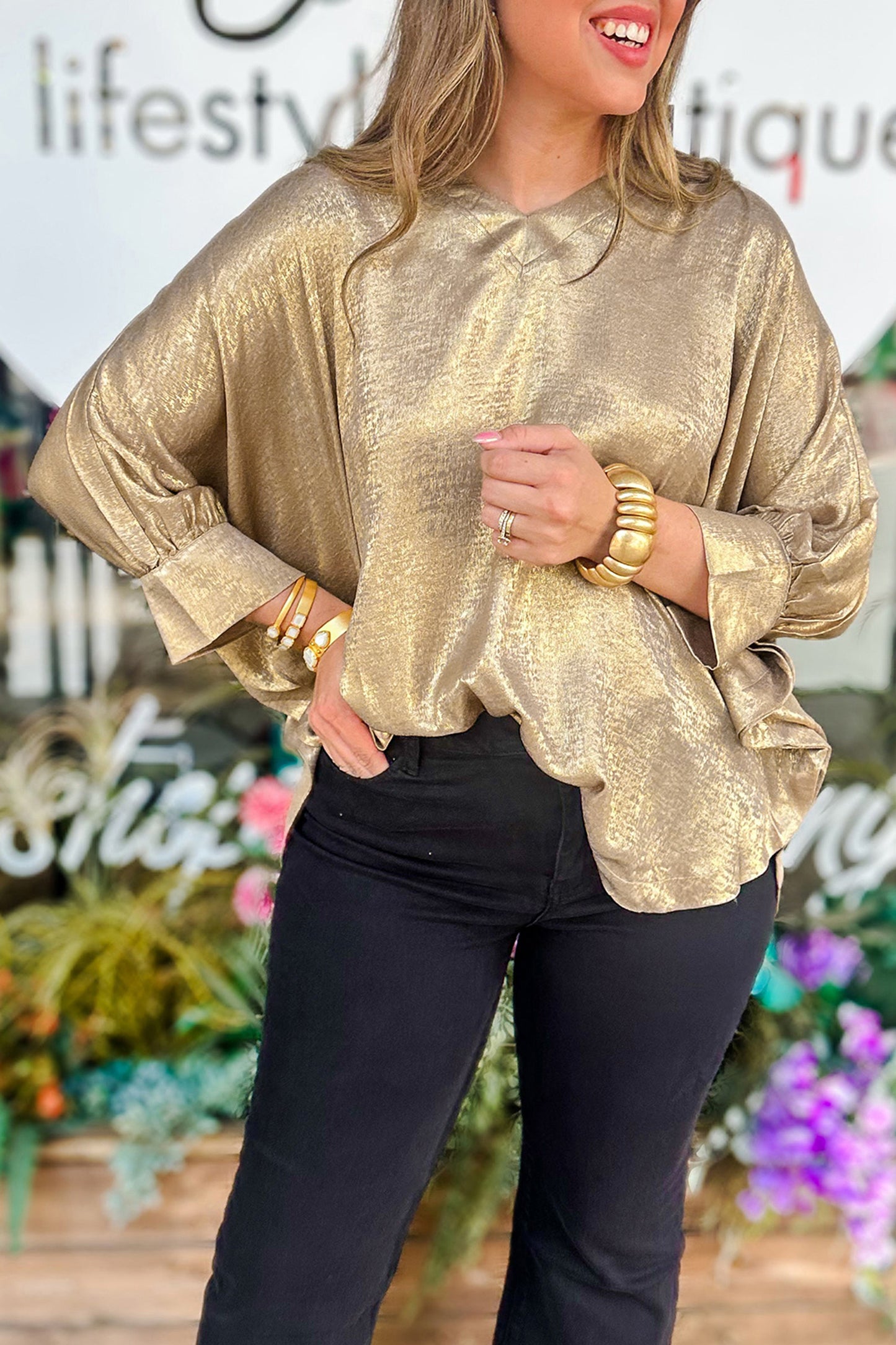 Gold Metallic Long Sleeve Blouse