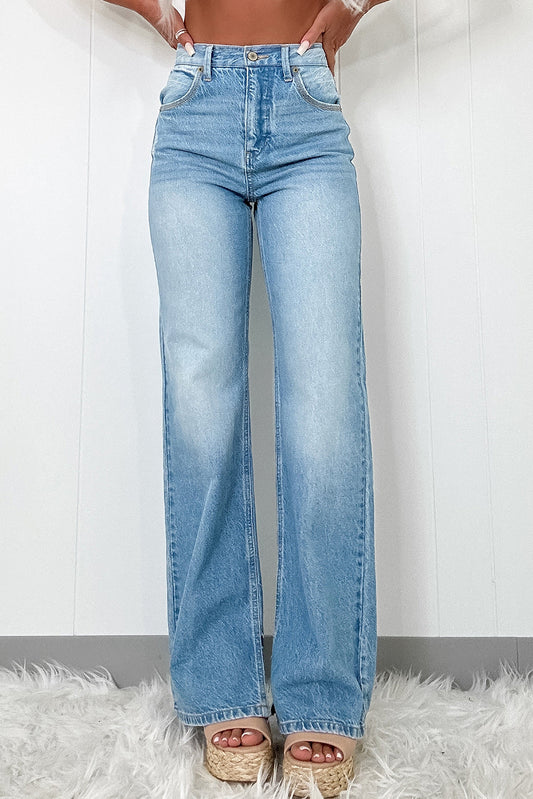 Blue High Rise Shift Slit Leg Straight Jeans