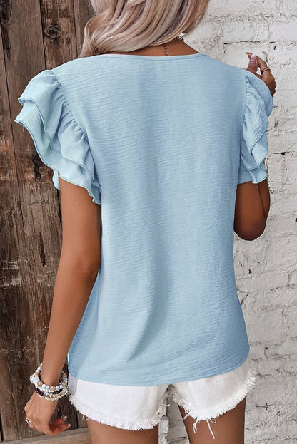 Mist Blue Ruffled Short Sleeve Blouse