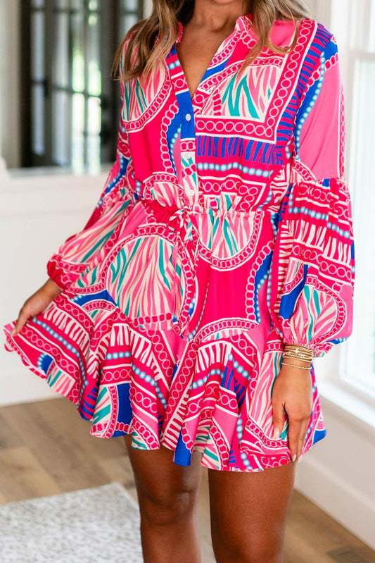 Rose Boho Abstract Ruffled Mini Dress