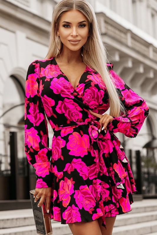 Rose Floral Print V Neck Wrap Mini Dress