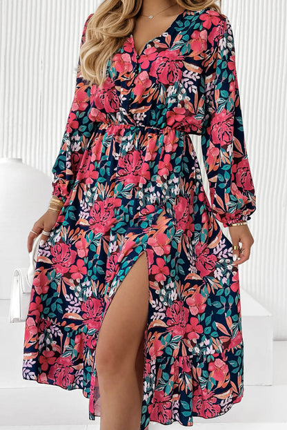 Floral V Neck High Waist Dress