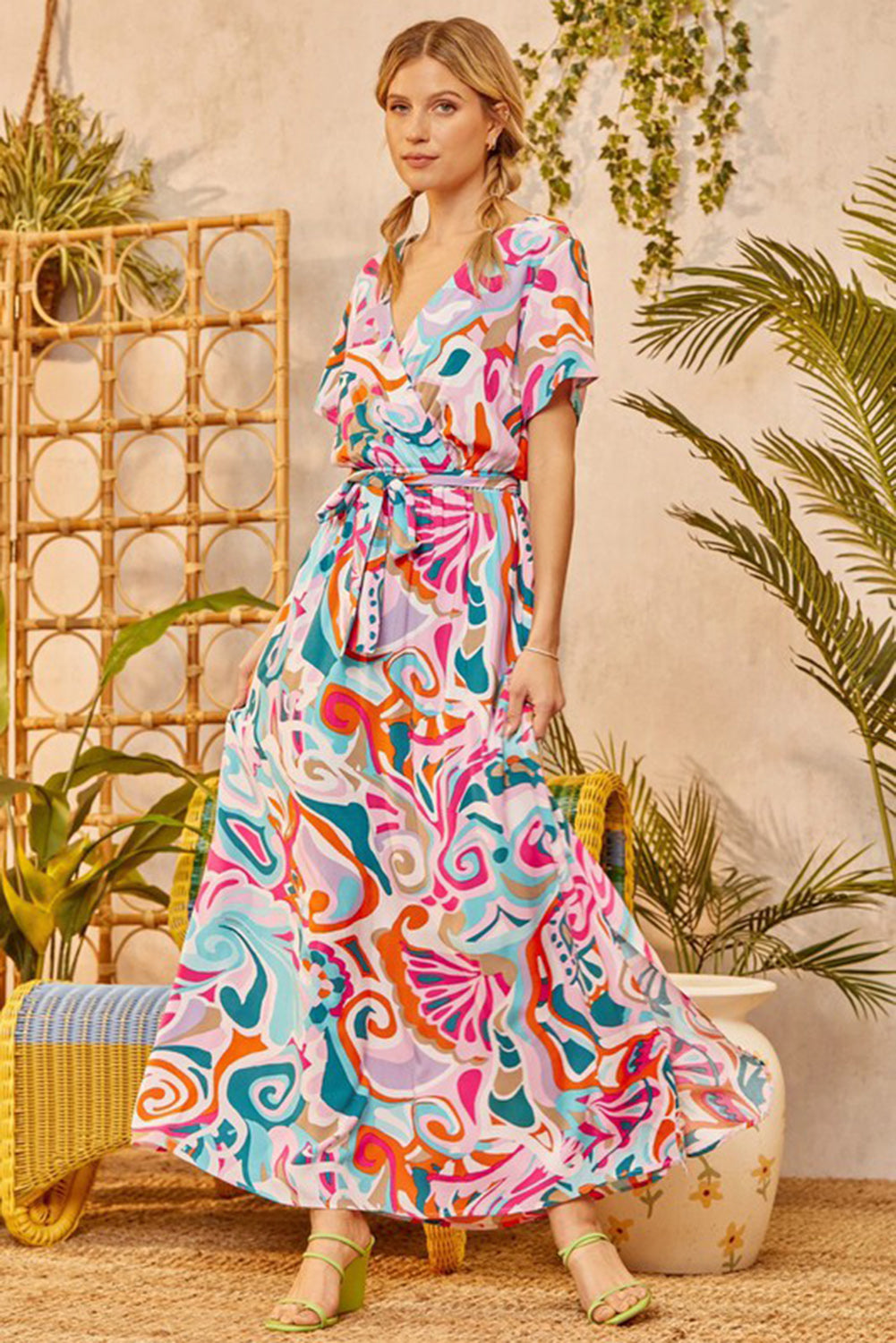 Multicolour Abstract  V Neck Maxi Dress