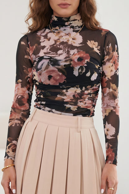 Brown Floral Mesh Long Sleeve Bodysuit
