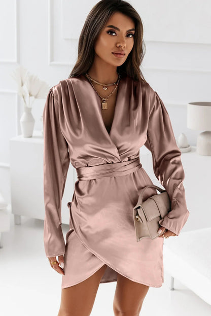 Pink Satin Ruched Mini Dress