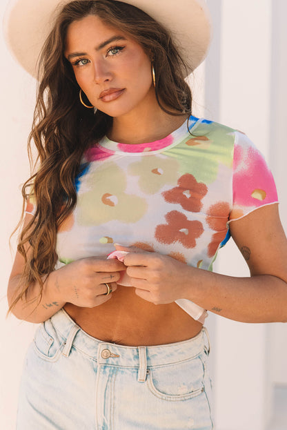 Multicolour Floral Mesh Crop T Shirt