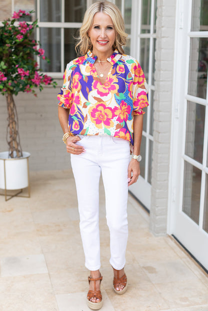 Rose Floral Bubble Sleeve Blouse