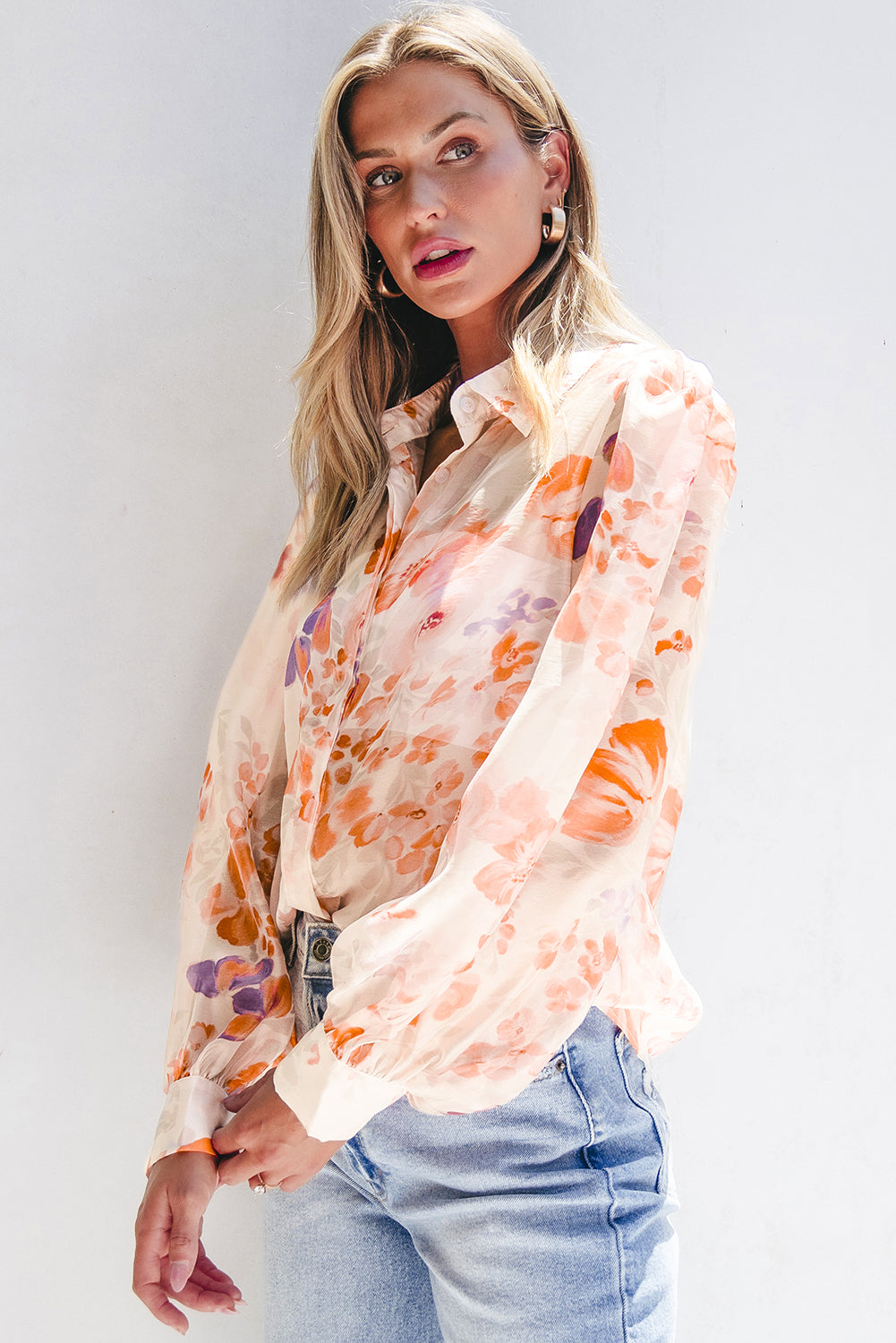 White Floral Print Loose Blouse