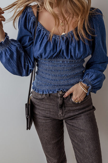 Dark Blue Smocked Denim Blouse