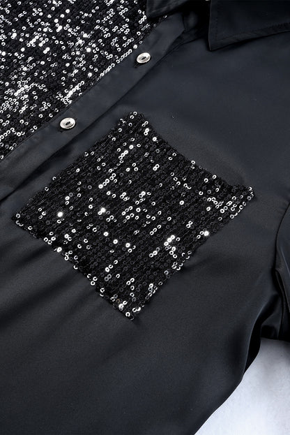 Black Sequin Buttoned Shirt Dress