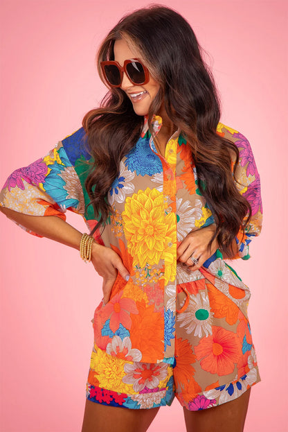 Orange Floral Printed Shirt Two Piece Shorts Set