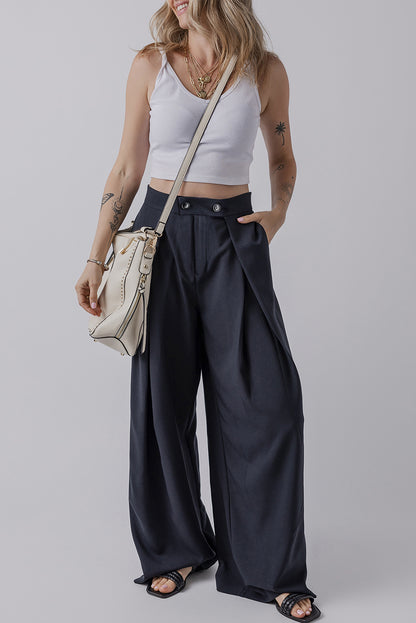 Navy Blue High Waist Pleated Wide Leg Pants