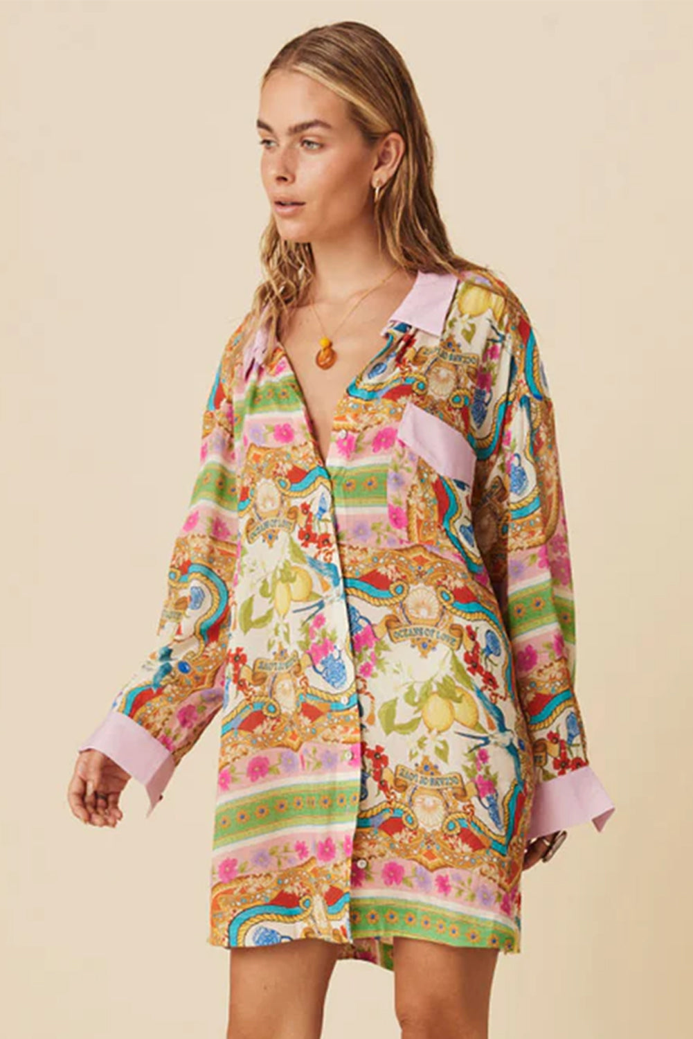 Multicolour Boho Long Sleeve Shirt Dress