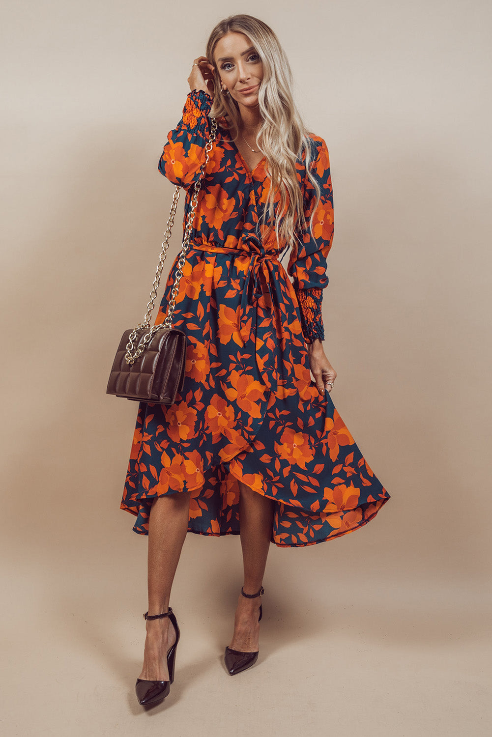 Orange Floral Faux Wrap Dress