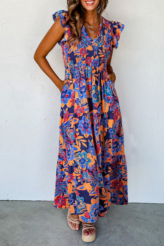 Dark Blue Boho Floral Ruffle Long Dress