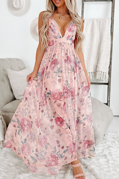 Pink Floral Backless Maxi Dress