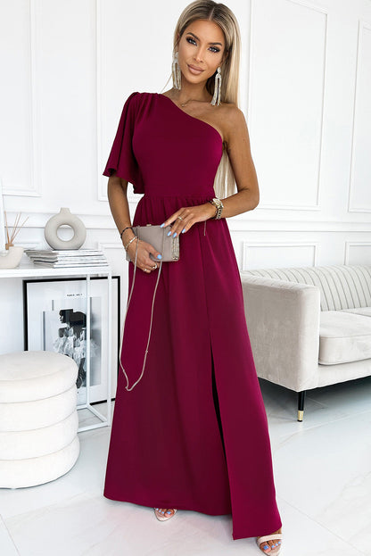 Burgundy One Shoulder Evening Dress