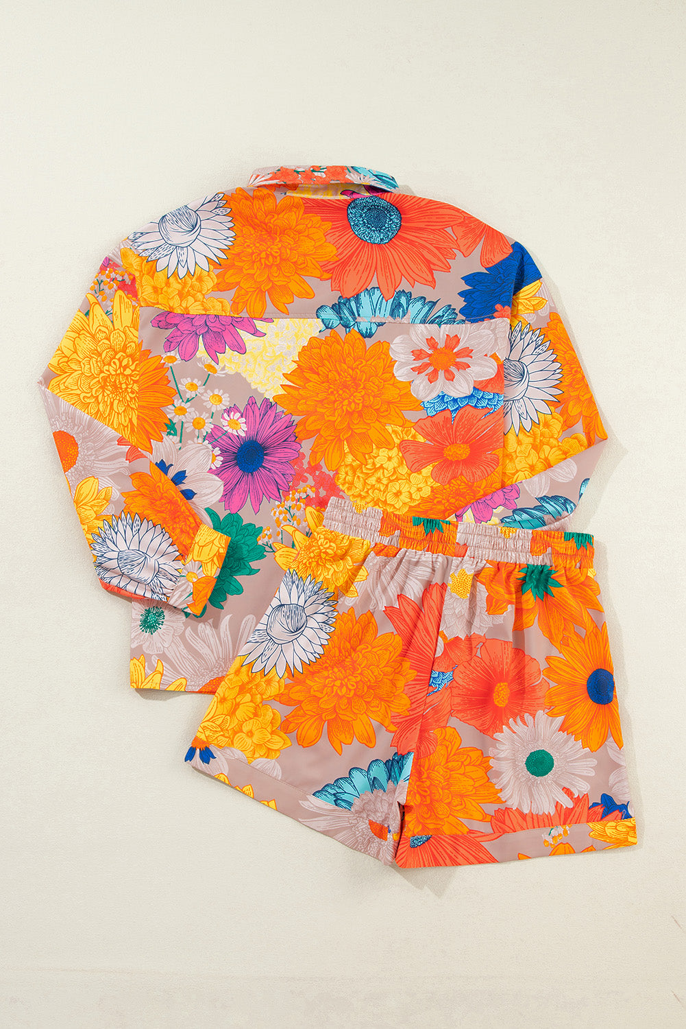 Orange Floral Printed Shirt Two Piece Shorts Set