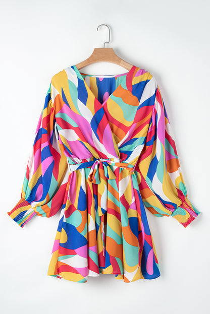 Multicolor Abstract Printed Belted Mini Dress