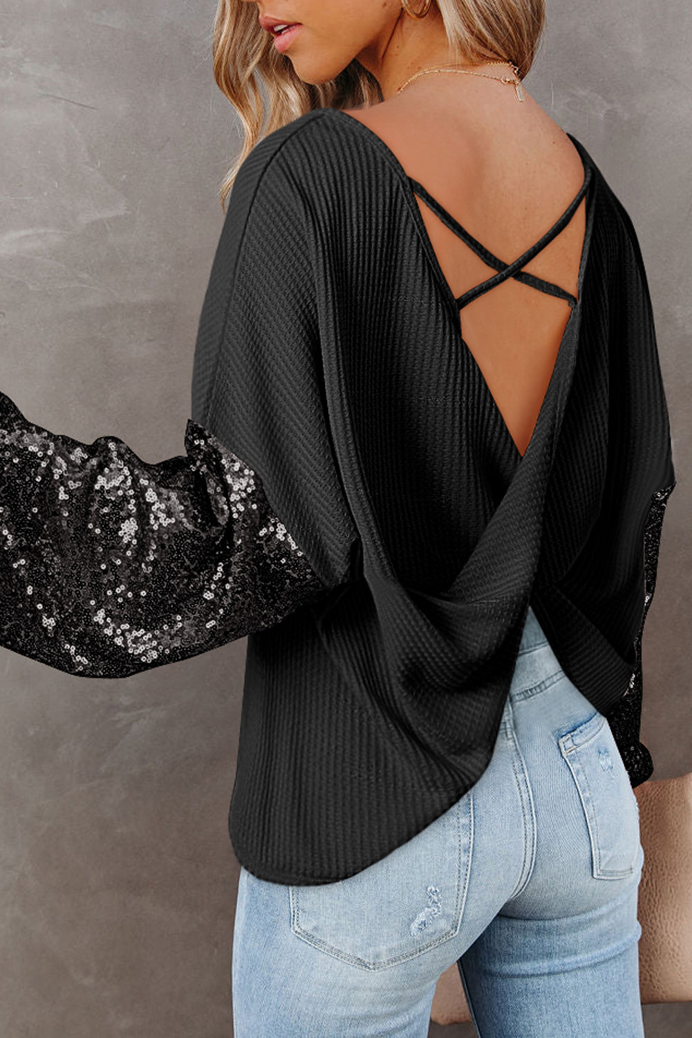 Sequin Open Back Knit Top