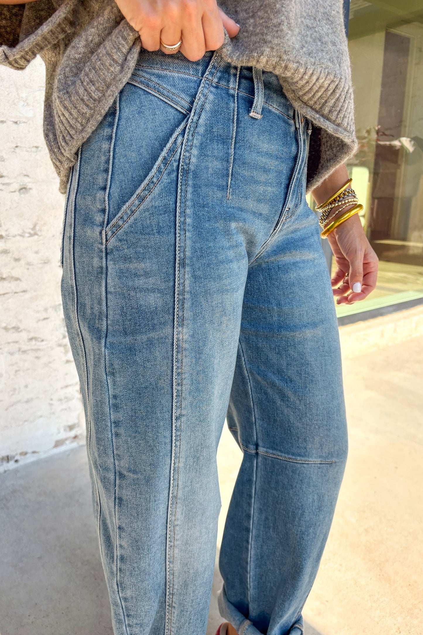 Sky Blue Cuffed Barrel Jeans