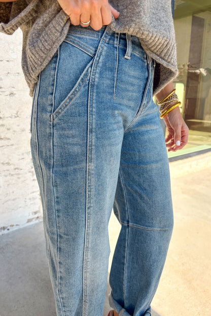 Sky Blue Cuffed Barrel Jeans