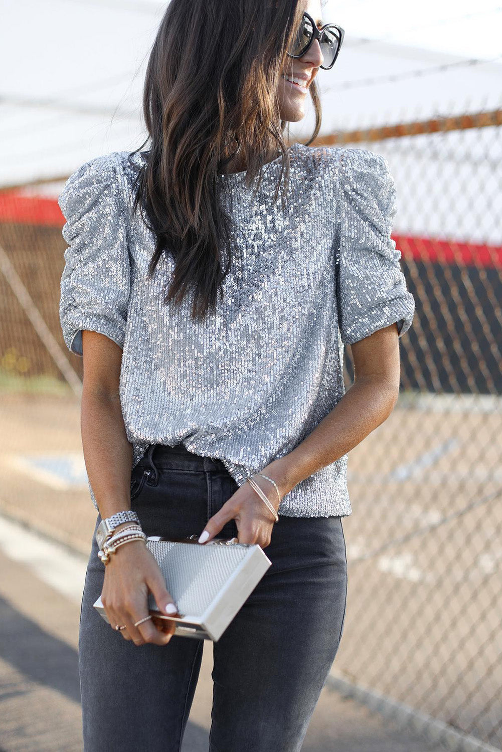 Silver Short Ruched Puff Sleeve Sequin Top