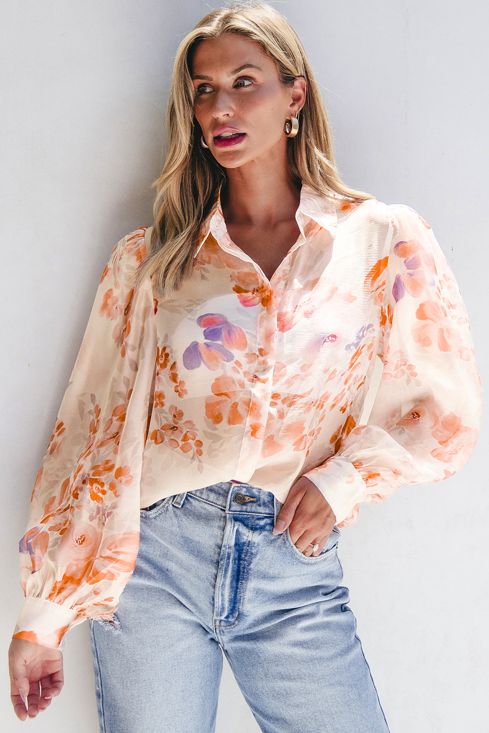 White Floral Print Loose Blouse