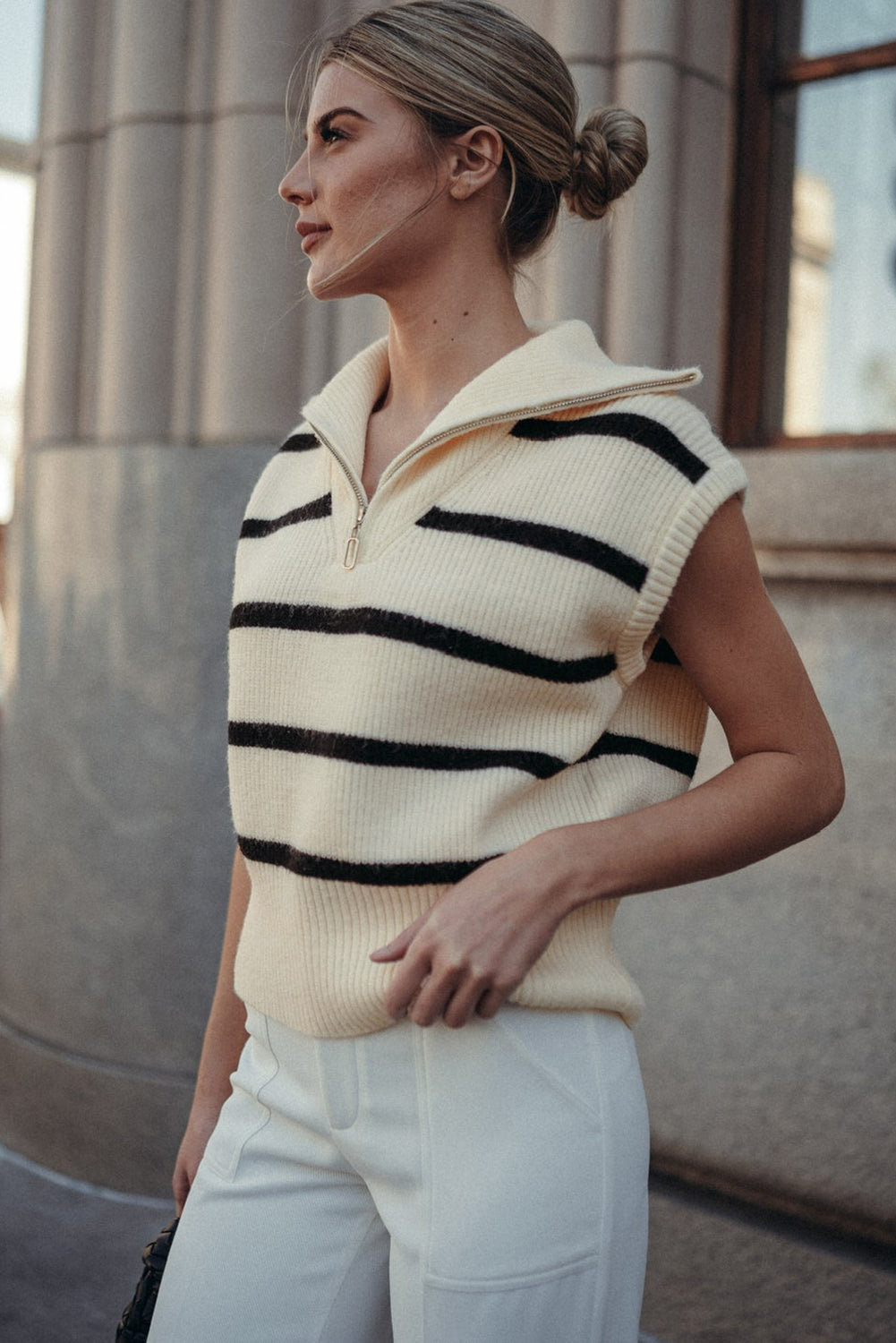 Stripe Zipped Collar Knit Top