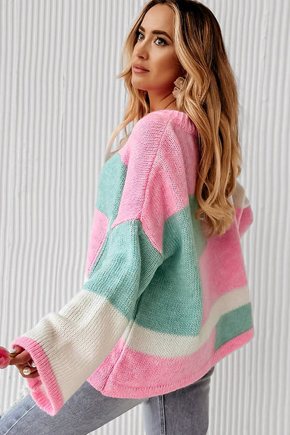 Pink Colour block Bell Sleeve Sweater