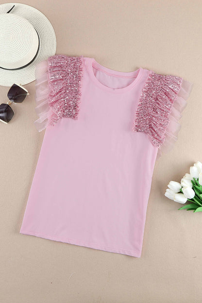 Pink Sequined Ruffle Top