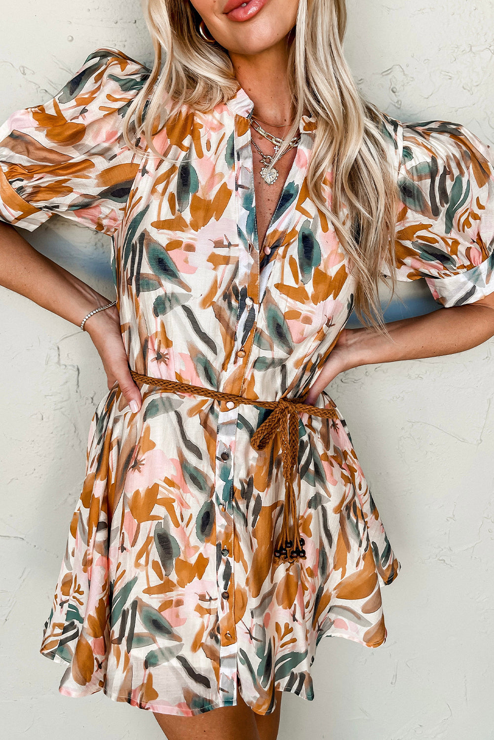 Brown Abstract Printed Mini Dress