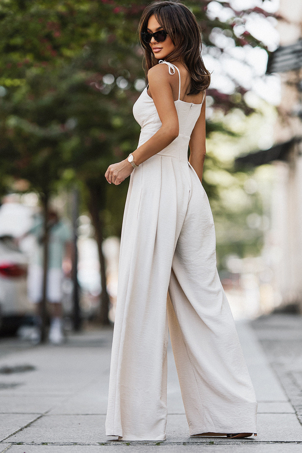 Beige Spaghetti Straps Wide Leg Jumpsuit