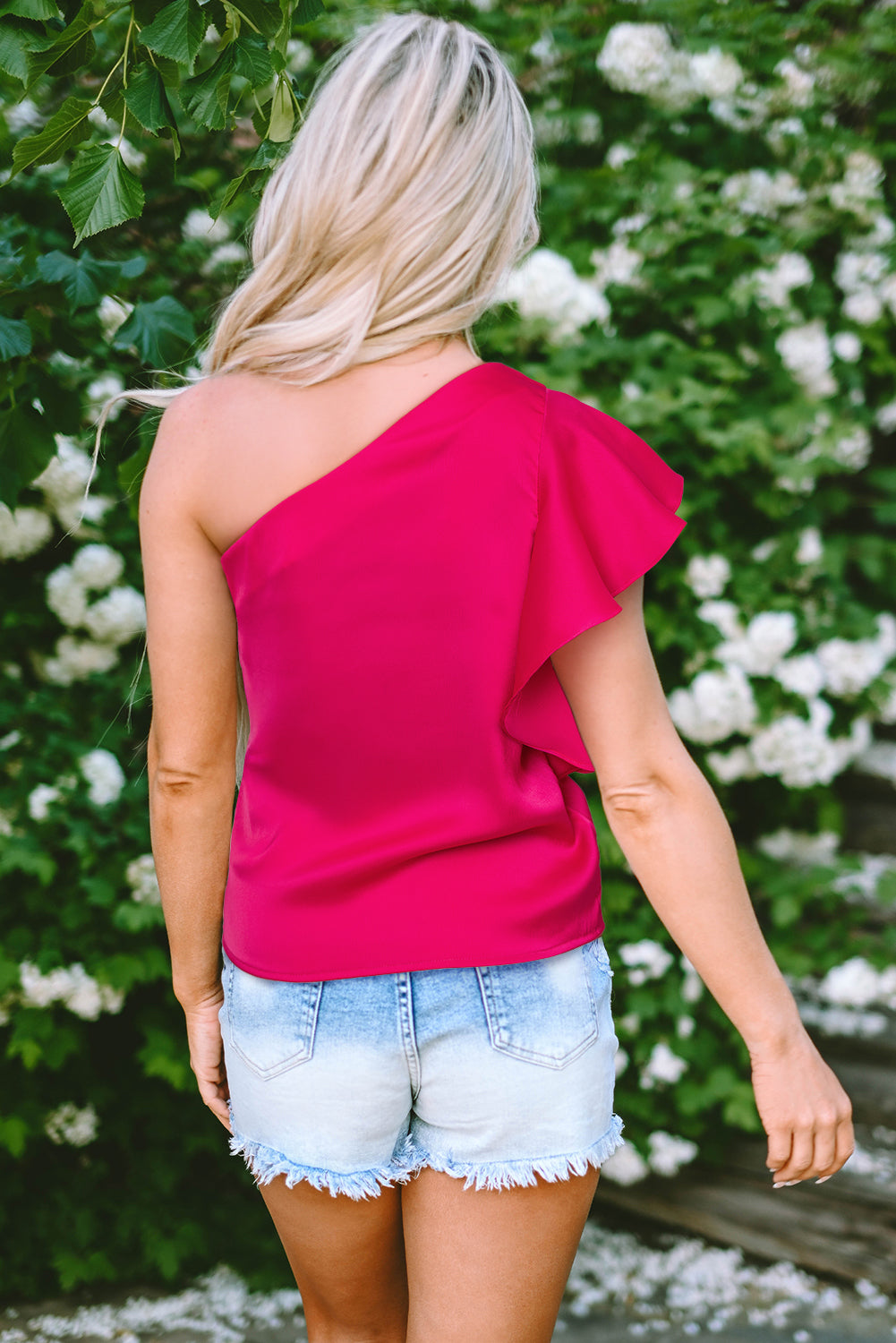 Pink Asymmetric Shoulder Ruffle Blouse