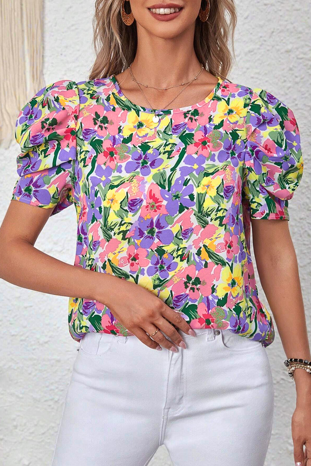 Purple Floral Short Sleeve Blouse