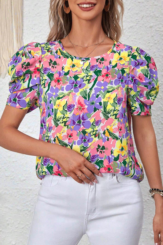 Purple Floral Short Sleeve Blouse