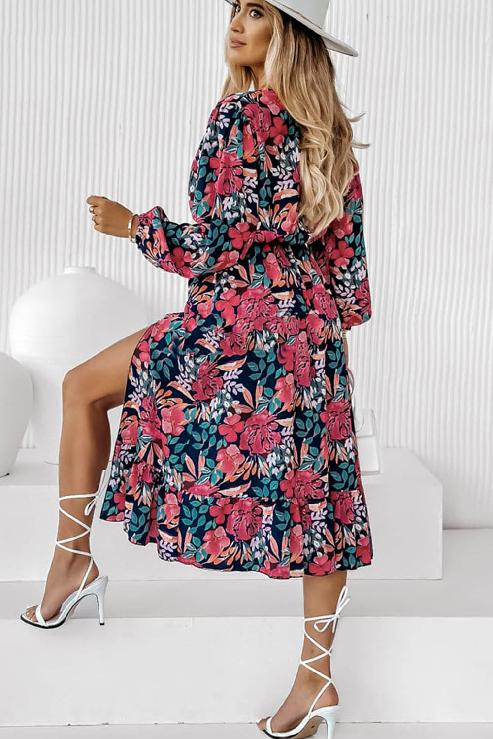 Floral V Neck High Waist Dress