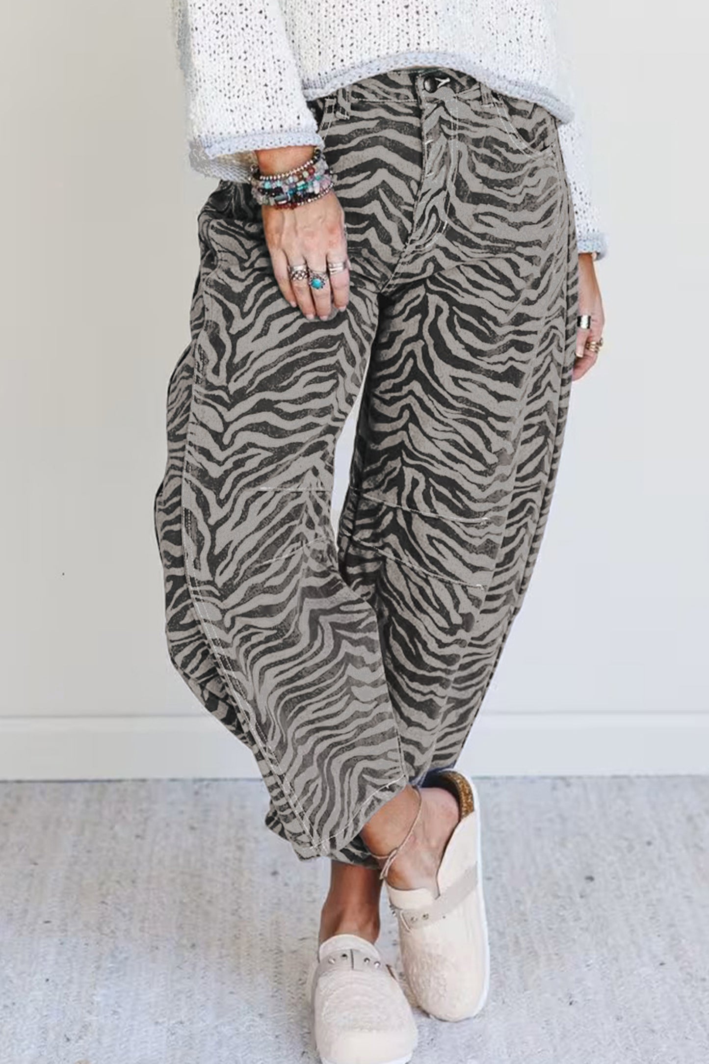 Grey Zebra Barrel Jeans
