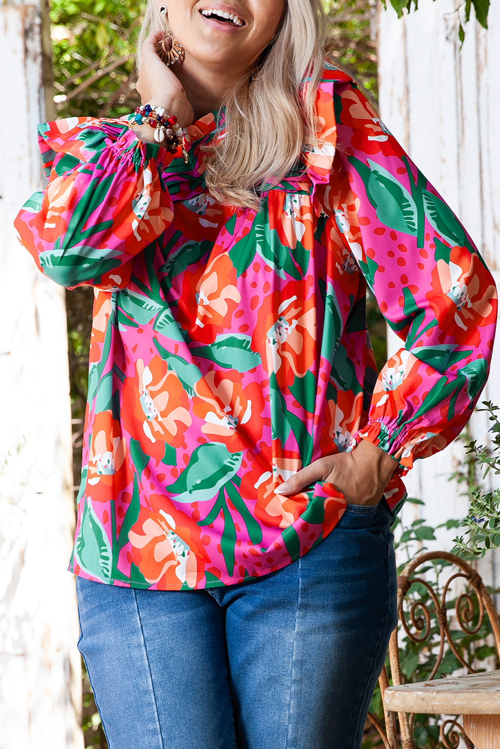 Rose Floral Print Plus Size Blouse