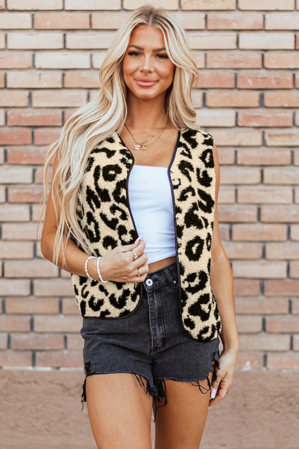 Black Leopard Print Sherpa Vest