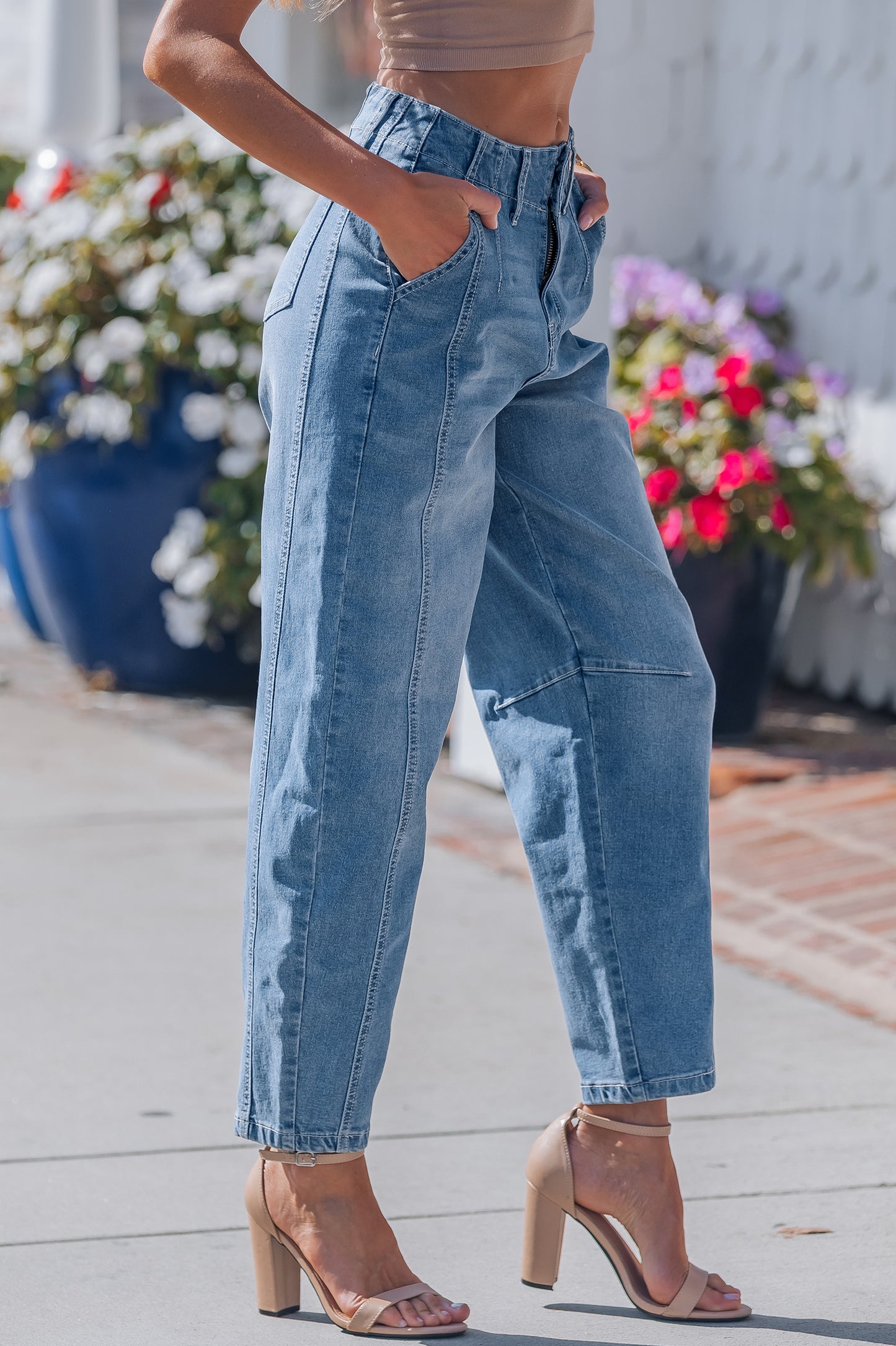 Sky Blue Cuffed Barrel Jeans