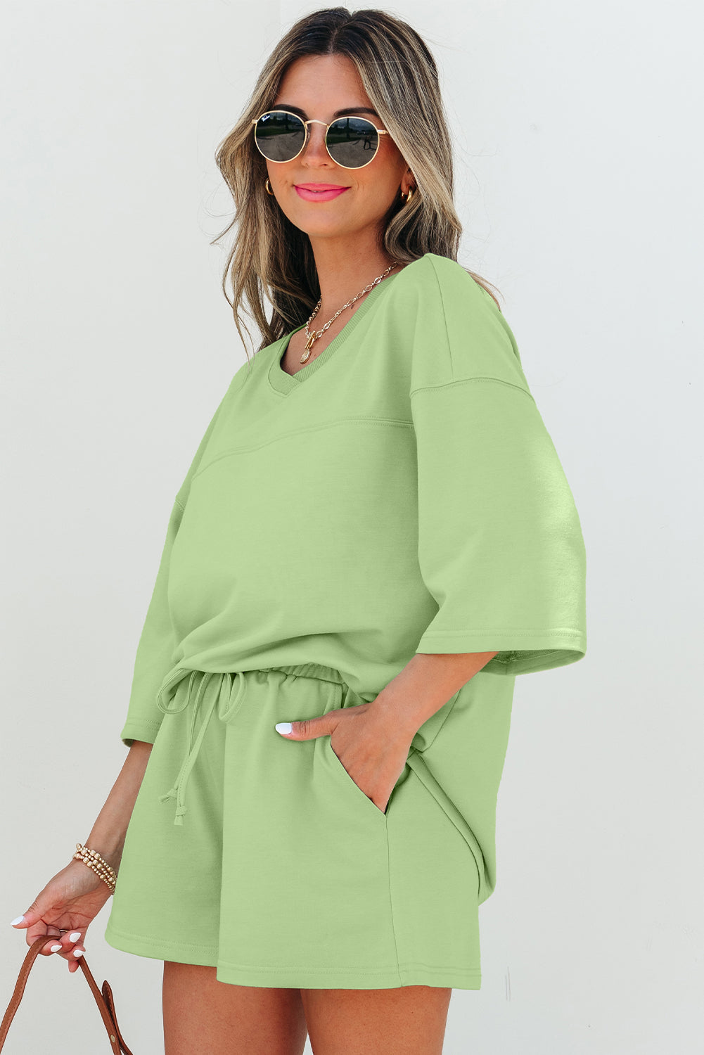 Green V Neck Half Sleeve Tee and Shorts